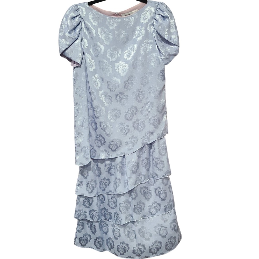 Lizzy & Johnny Light Blue Floral Jacquard Tiered Midi Dress Size 8 Short Sleeve
